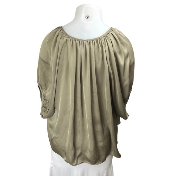 H&M Green Silky Satin Short Puff Sleeve Tie Neck Oversized Peasant Blouse Top XL - Picture 2 of 4